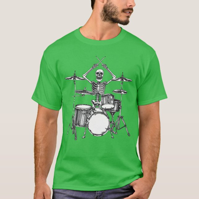 Camiseta Percussionista Esqueleto Baterista Halloween Rock  (Frente)