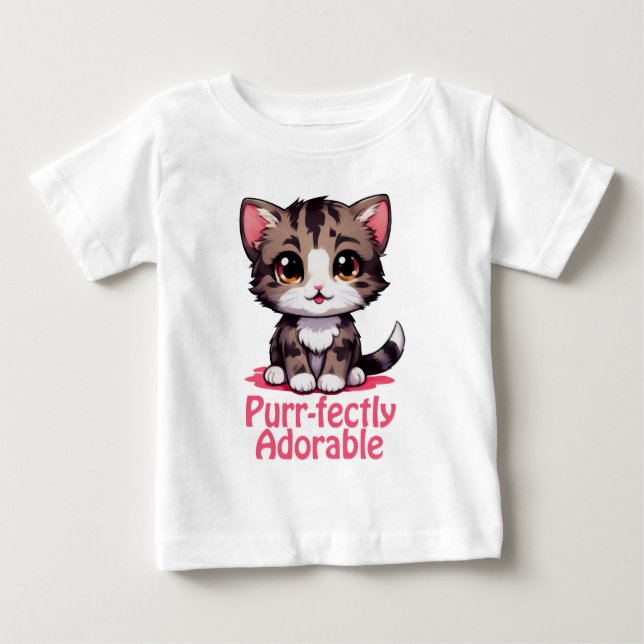 Camiseta Perfeitamente Adorável Chibi Kawaii Gatito Rosa (Frente)