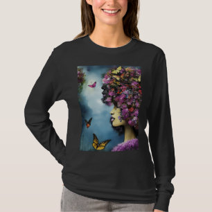 Camiseta Perfil de Mulher Com Flores Roxas & Borboletas