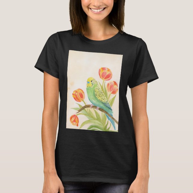 Camiseta Periquito com Tulipas Animais Exóticos (Frente)