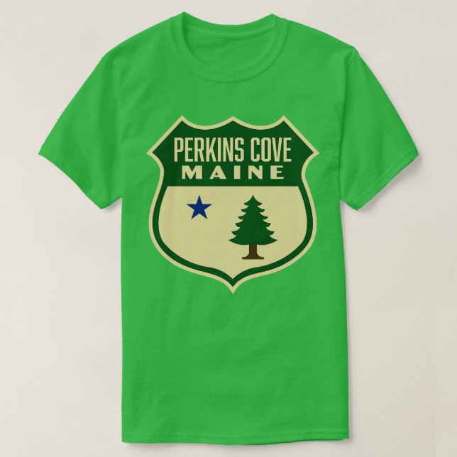 Camiseta Perkins Cove Maine Retro Pine Tree Shield Green (Frente do Design)