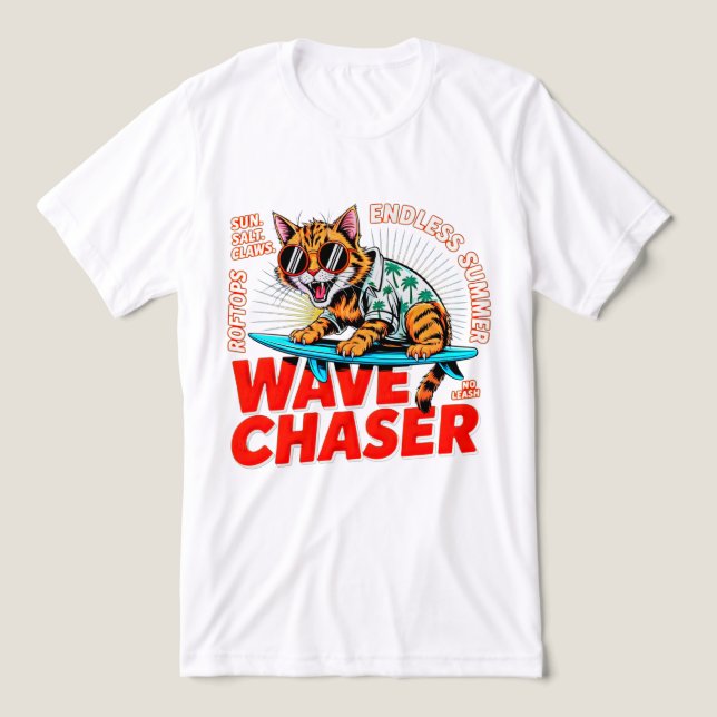 Camiseta Perseguidor de Ondas de Gato de Verão - Presente d (Design frontal)