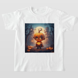 Camiseta Personagem de Abóbora Fofa em Cenário Assustador d
