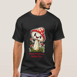 Camiseta personagem de cogumelo feliz com um rosto sorriden