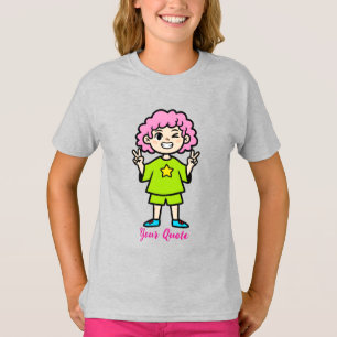 Camiseta Personagem de Desenho Animado de Cabelo Rosa Feliz