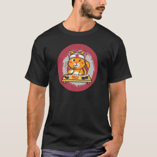 Camiseta Personagem de Gato Fofo Comendo Sushi Com Hashis