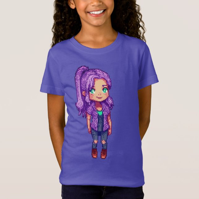 Camiseta Personagem de Pixel Art Cabelo Roxo (Frente)