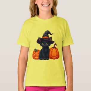 Camiseta Personagem Gato Preto de Halloween com Chapéu de B