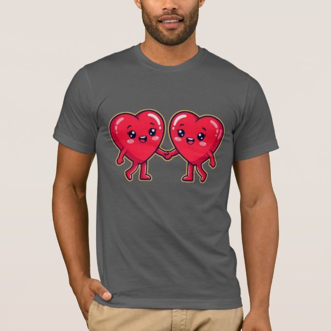 Camiseta Personagens de Coração Fofo de Mão Dada (Frente)