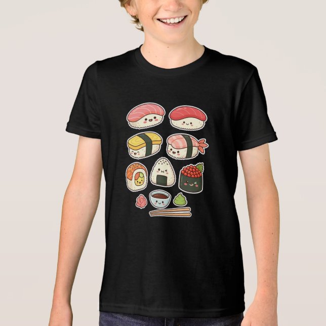 Camiseta Personagens de Sushi Kawaii Fofos - Amante de Comi (Frente)