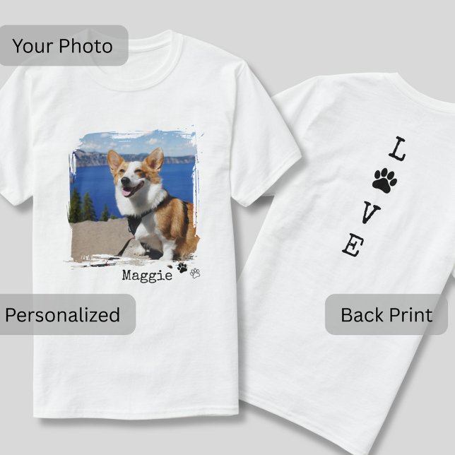Camiseta personalizada com foto de cachorro na fre (Stylish modern front and back print photo t-shirt customized with your dog's photo.)