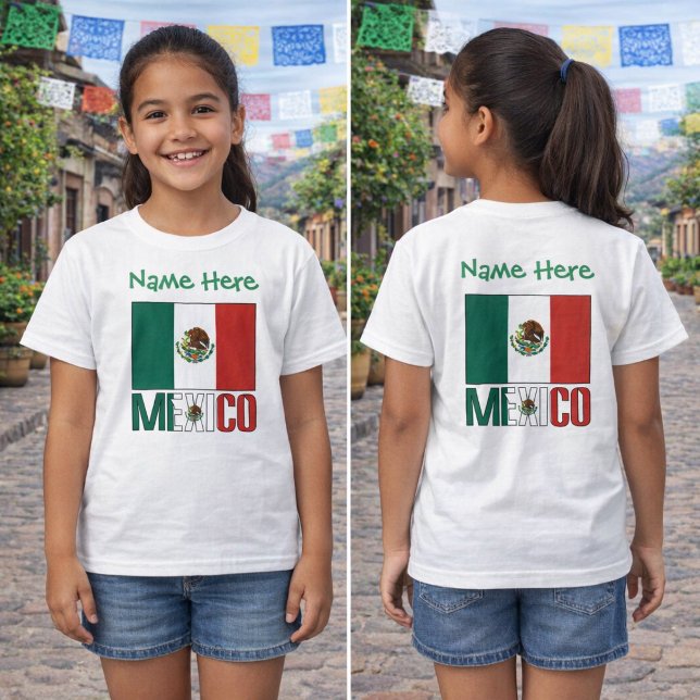 Camiseta Personalizada com Nome e Bandeira do Méxi (Girls tee with Mexico flag, green name text above and MEXICO lettering below, front and back views.)