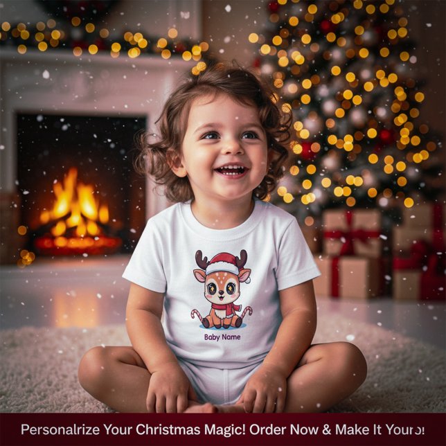 Camiseta Personalizada de Natal para Bebê Rena Pri (Personalized Baby Reindeer First Christmas T-Shirt)