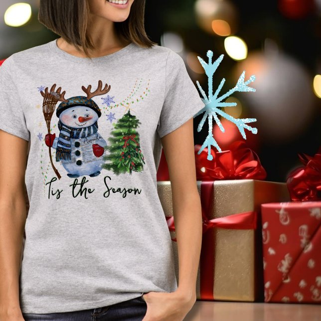 Camiseta Personalizado "Esta é a estação", Antlered Snowman (Custom Tis the Season Antlered Snowman T-Shirt)