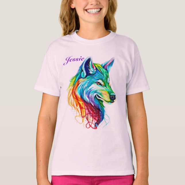 Camiseta Personalizar nome Wolf Girl Colorful Cotton T-Shi (Frente)