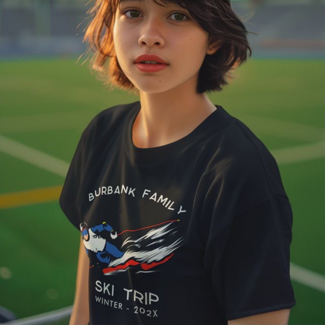 Camiseta Personalizar Reunião de Família de Combinação de E (Family Ski Trip Matching Girls Navy Blue T-Shirt)