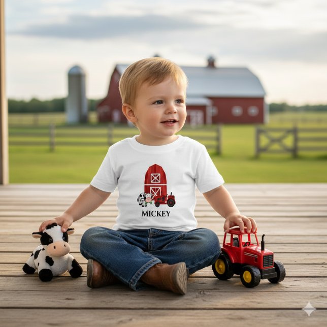 Camiseta Personalize Celeiro de Fazenda e Trator Vermelho F (Farm fun with Mickey: barn, cow & tractor joy perfect for little adventurers on the porch!)