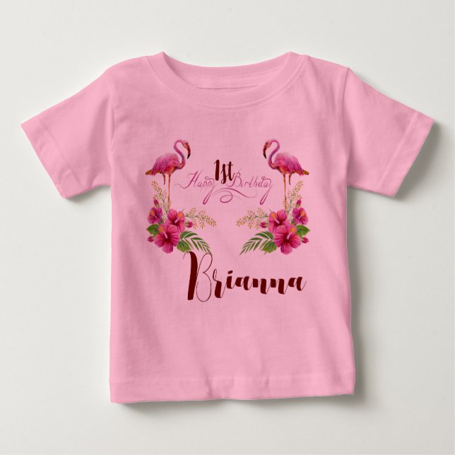 Camiseta Personalize Flamingo Hibiscus Rosa Menina Aniversá (Frente)