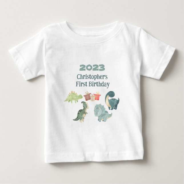 Camiseta Personalize Nome Ano Primeiro Aniversário Bebê Din (Frente)