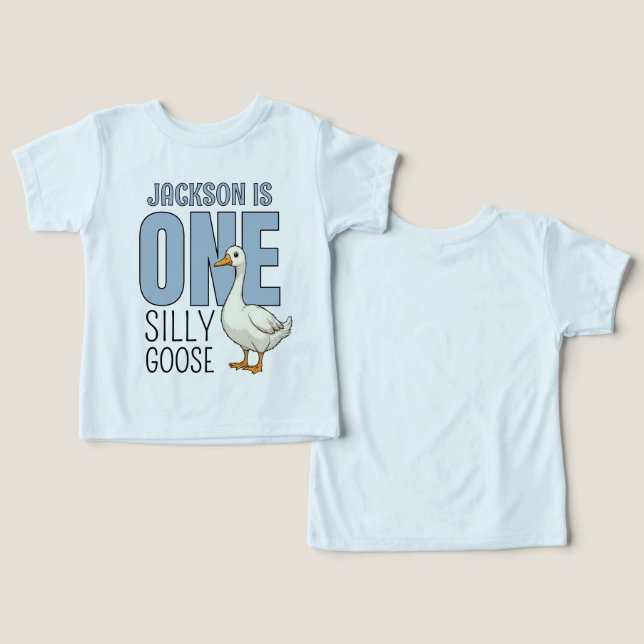 Camiseta Personalized Blue One Silly Goose First Birthday (Design Frente e Verso)