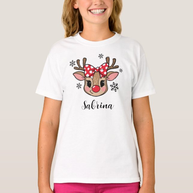 Camiseta Personalized Cute Girl Reindeer Red Bow Christmas (Frente)