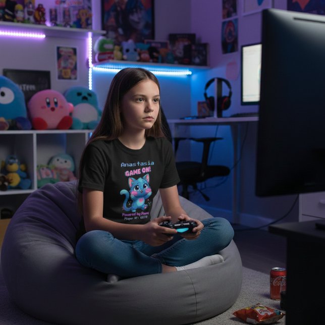 Camiseta Personalized Cute Pixel Art Blue Cat "Game On" (Criador carregado)