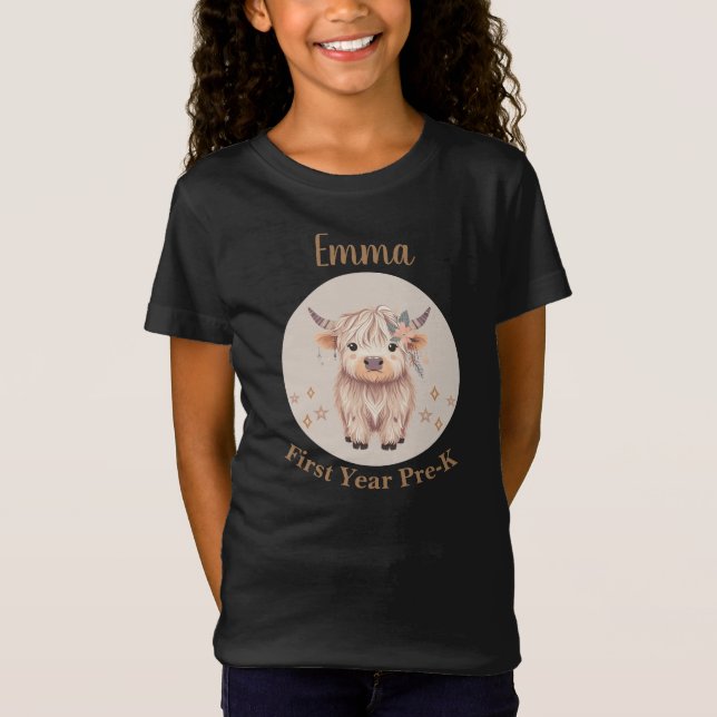 Camiseta Personalized First Year PreK Cute Highland Cow (Frente)
