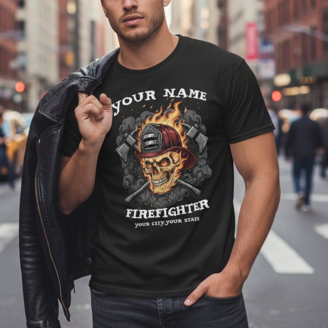 Camiseta Personalized Flame Skull Firefighter Gear (Criador carregado)