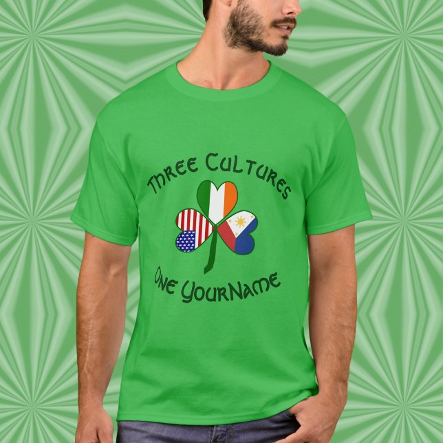 Camiseta Personalized Philippines Ireland USA Shamrock Men (Men’s t-shirt featuring a personalized Philippines‑Ireland‑USA Three Cultures shamrock.)