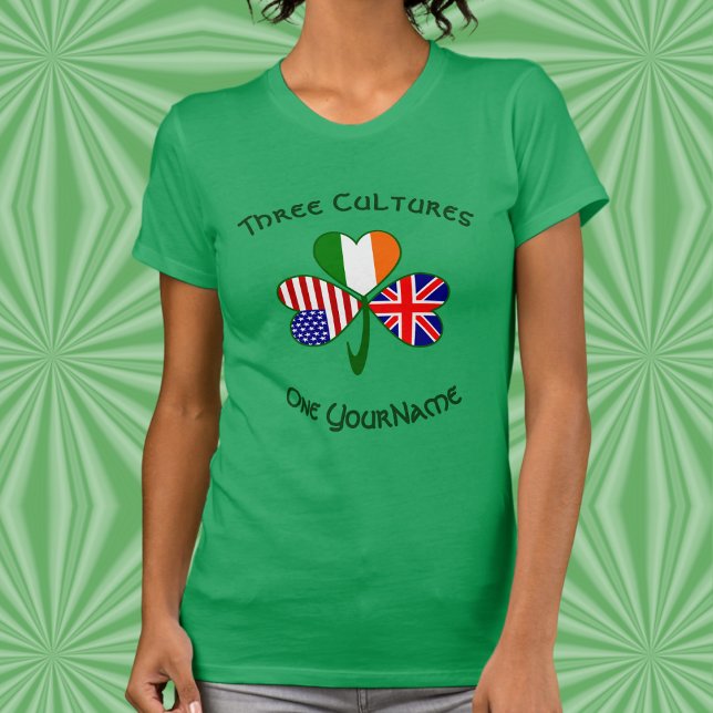 Camiseta Personalized UK Ireland USA Shamrock Women’s (Women’s tee with UK‑Ireland‑USA shamrock and personalized Three Cultures design.)