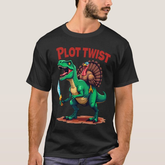 Camiseta Peru do Twist da Turquia Montando Dinossauro T-rex (Frente)