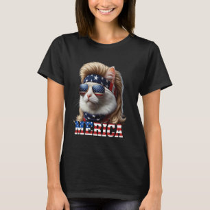 Camiseta Peruca Mullet Loira de Gato 4 de Julho Gatos Ameri