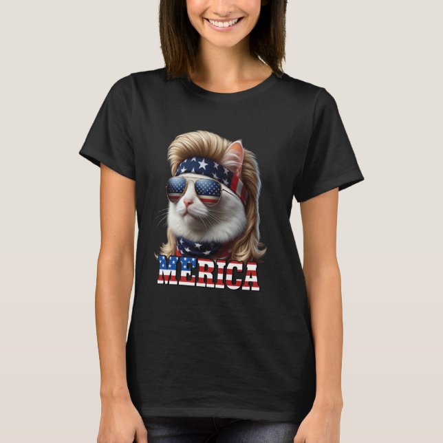 Camiseta Peruca Mullet Loira de Gato 4 de Julho Gatos Ameri (Frente)