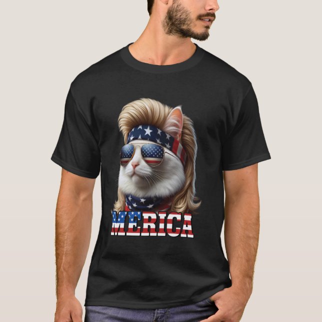 Camiseta Peruca Mullet Loira de Gato 4 de Julho Gatos Ameri (Frente)