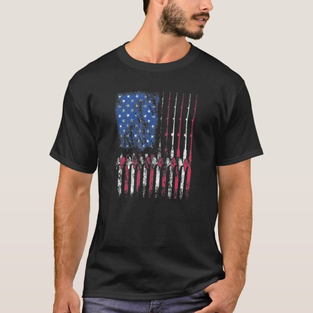 Camiseta Pesca com Vara de Mosca Bandeira Americana Função  (Frente)