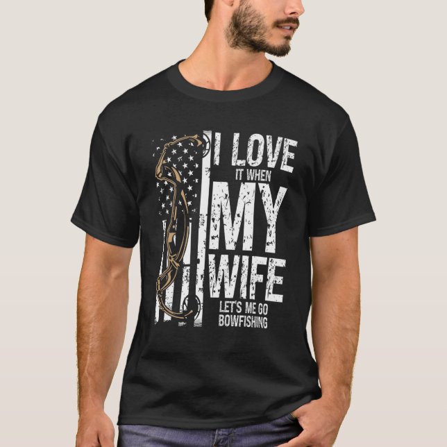 Camiseta Pesca de boliche Eu amo meu Arco Esposa Caçador Ar (Frente)