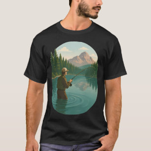 Camiseta Pescador de mosca lançando no lago teal com montan