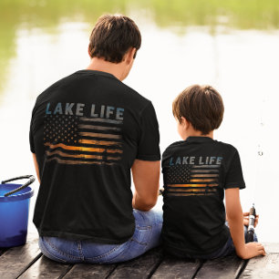 Camiseta Pescador do Lago da Vida Pôr do Sol Bandeira Ameri