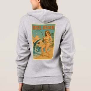 Camiseta Pescaria de Tubarão na Praia em Cartaz Ilustrado E