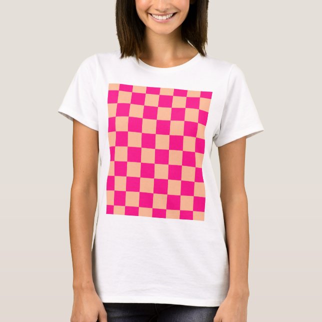 Camiseta Pêssego rosa-quente dos quadrados verificados retr (Frente)