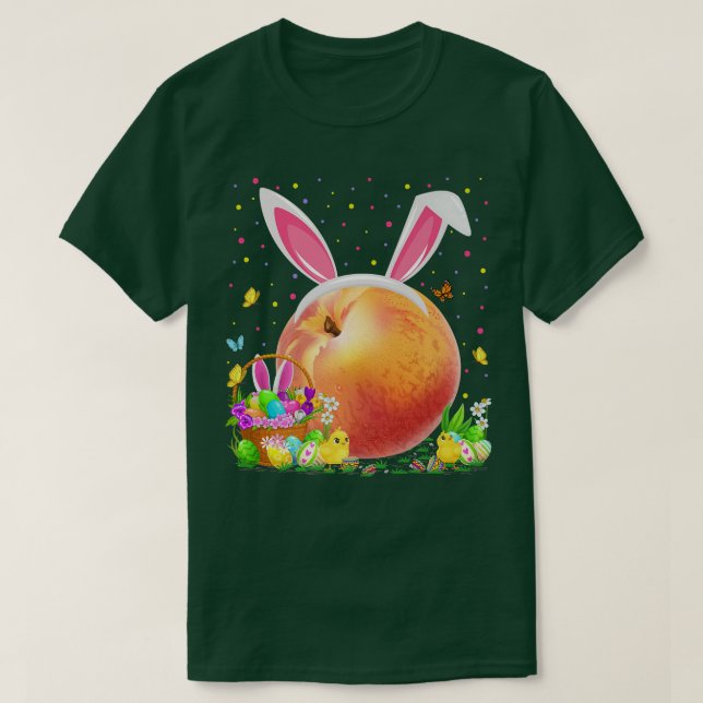 Camiseta Pêssegos Fruta Páscoa Caça de Ovo Coelho Pêssegos  (Frente do Design)
