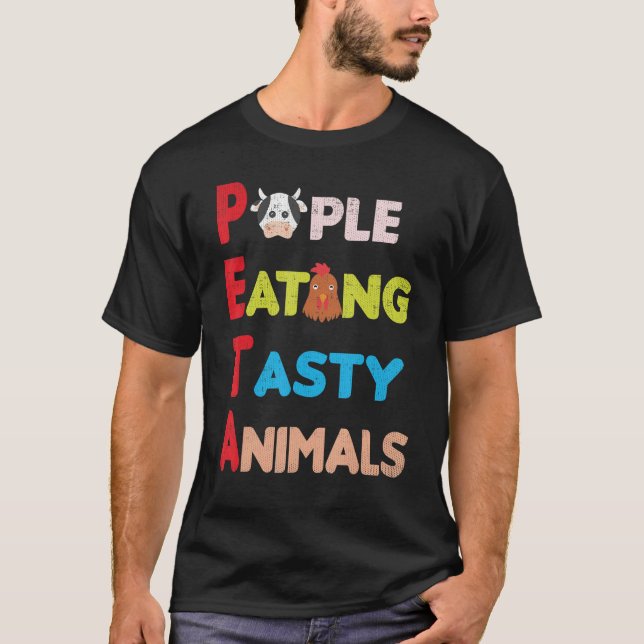 Camiseta Pessoas Engraçadas Comendo Animais Pesados - PETA  (Frente)
