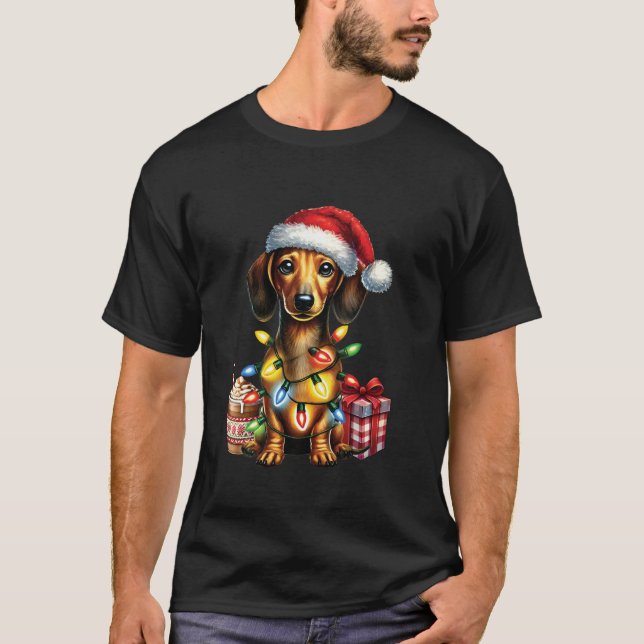 Camiseta Pet Amantes de os animais Dachshund Dog Santa Hat  (Frente)