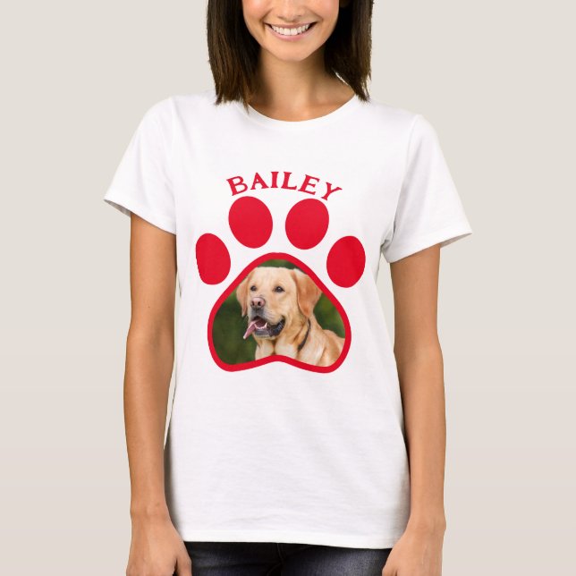 Camiseta Pet Dog ou Cat Photo Red Pawprint (Frente)