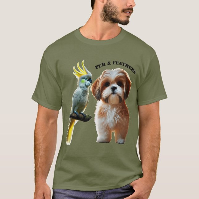 Camiseta Pet Lover de Shih Tzu Dog e Cockatoo Bird URM (Frente)