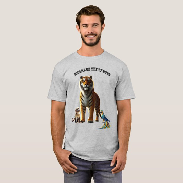Camiseta Pet Lover exótico com Tiger, Macaco e Macaw URM (Frente Completa)