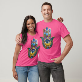 Camiseta Pétalas Coloridas Folhas Hamsa Safira Terceiro Olh