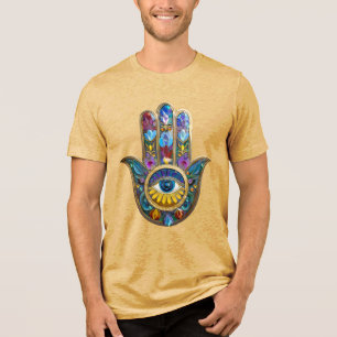 Camiseta Pétalas Coloridas Folhas Hamsa Safira Terceiro Olh