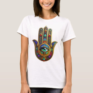 Camiseta Pétalas de Flor de Cor de Pavão Hamsa Terceiro Olh