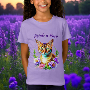 Camiseta Pétalas e Gato Puro e Flores Bonito